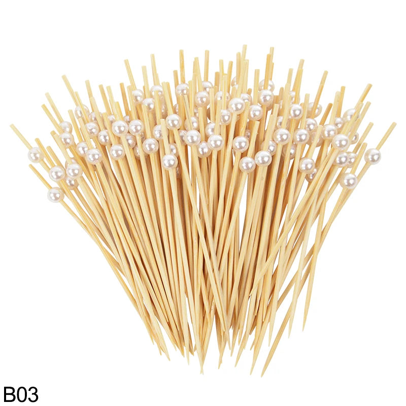 100Pcs Pearl Disposable Bamboo Skewers Wooden Cocktail Picks Fruit Picks Snack Fork Skewer Wedding Birthday Party Supplies