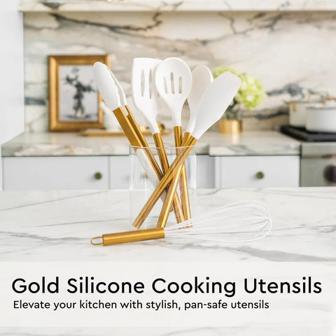 Gold Kitchen Utensils Set - 19 PC Luxury Set Includes Stainless Steel Gold Cooking Utensils Set, White Silicone Cooking Utensils