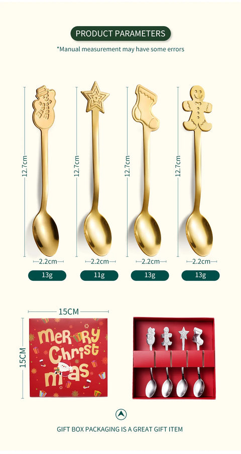 4pcs Stainless Steel Christmas Coffee Spoons Gold/Silver  With Gift Box  Gingerbread Man Dessert Spoons Cutlery Spoon Xmas Gift