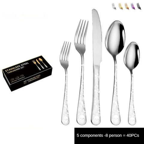 Stainless steel knife, fork and spoon set tableware Skull Western food gift box with 5 components for 4 people /8 people