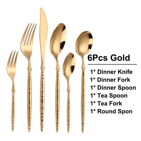 16/20/24Pcs Stainless Steel Tableware Set Gold Cutlery Sliver Knife Fork Spoon Western Hammer Pattern Handle Dinner Set Flatware