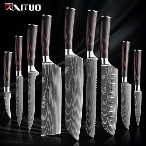 Professional Kitchen Knife Set 1-9PCS, Sharp Chef Knife Santoku Knife Fruit knife 7Cr17Mov Stainless Steel Ergonomic Wood Handle