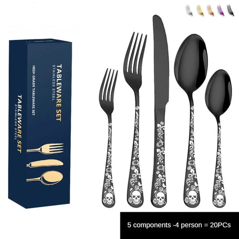 Stainless steel knife, fork and spoon set tableware Skull Western food gift box with 5 components for 4 people /8 people