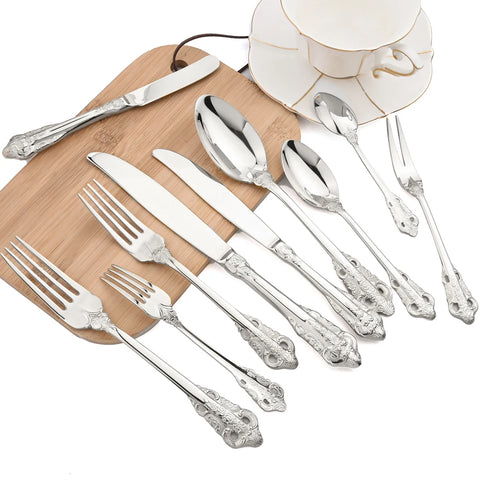 AJOYOUS Dinnerware Set Western Cutlery Stainless Steel Steak Knife Fork Spoon Luxury Silver Plated Tableware Vintage Flatware