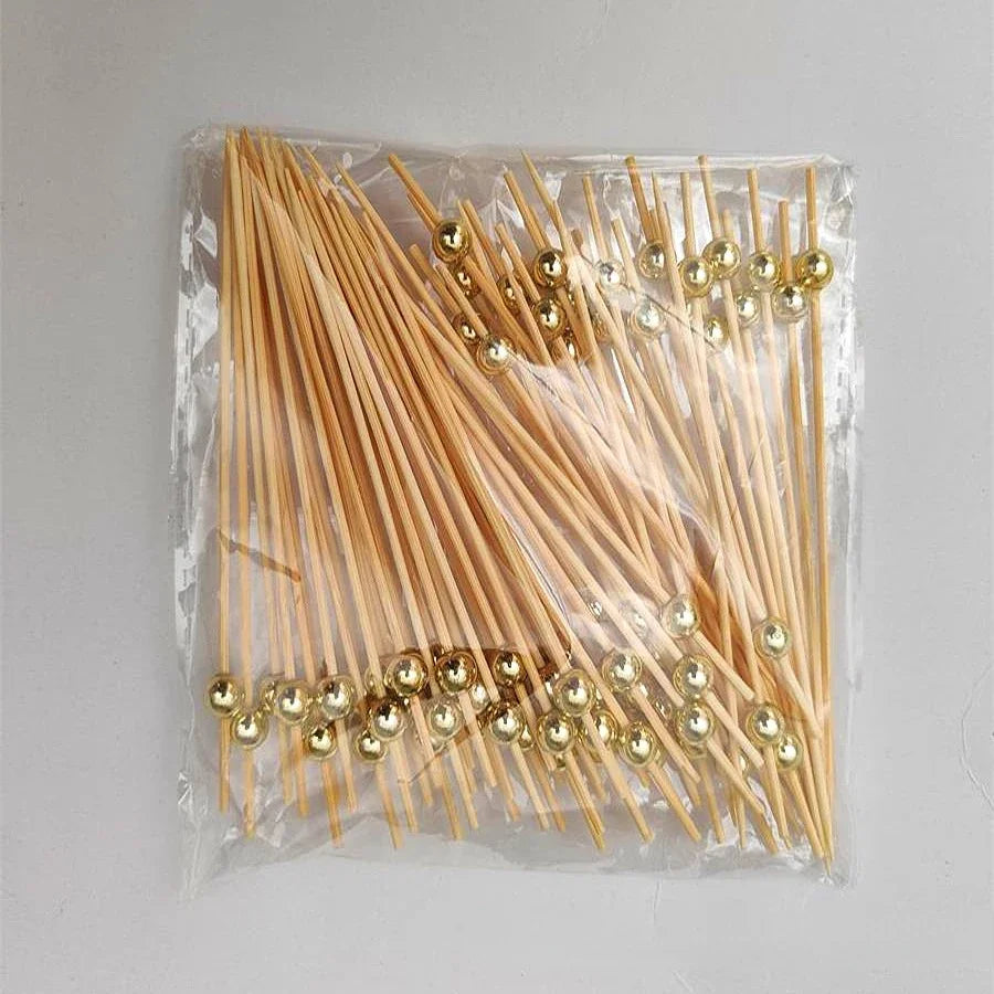 100Pcs Gold Beads Bamboo Fruit Sticks 12cm Fruit Salad Snack Fork Cocktail Decor Cake Buffet Toothpicks Wedding Party Supplies