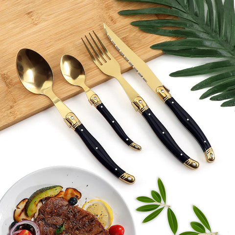 6Pcs Golden Silverware Laguiole Cutlery Set Stainless Steel Luxury Sharp Steak Knives Forks Soup Spoons Teaspoons Set