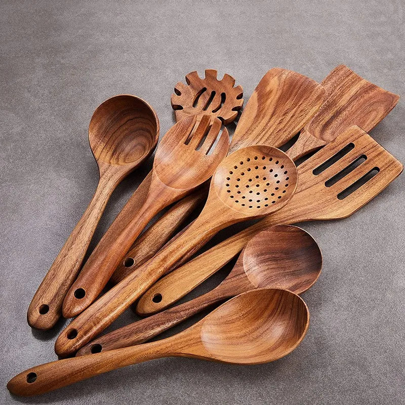 Wooden Kitchen Utensils Set,9 Pcs Wooden Spoons For Cooking,Wooden Cooking Utensils,Wooden Spoons For Non-Stick Pan