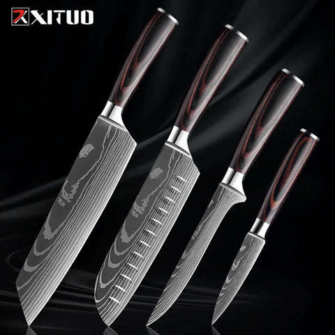 Professional Kitchen Knife Set 1-9PCS, Sharp Chef Knife Santoku Knife Fruit knife 7Cr17Mov Stainless Steel Ergonomic Wood Handle