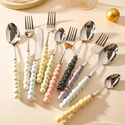 Ceramic Pearl Handle Cutlery Set  Knife Fork Spoon Creative Cute Soup Spoon Western Food Steak Knife Spoon and Fork Set