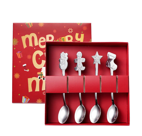 4pcs Stainless Steel Christmas Coffee Spoons Gold/Silver  With Gift Box  Gingerbread Man Dessert Spoons Cutlery Spoon Xmas Gift