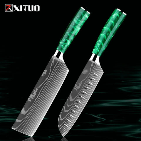 Pro Chef Knife Set 1-8PCS,7Cr17Mov Steel Kitchen Cooking Knives Utility Knife Super sharp Blade Ergonomic Green Resin Handle