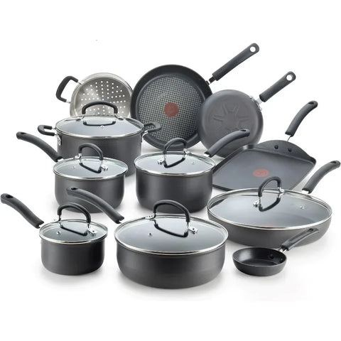 T-fal Ultimate Hard Anodized Nonstick Cookware Set 17 Piece Oven Safe 400F, Lid Safe 350F Pots and Pans, Dishwasher Safe Black