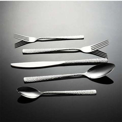 Hammered Pattern 430 Stainless Steel Cutlery Set Spoon Knife Fork Square Handle Dinnerware Luxury Retro Tableware Offers