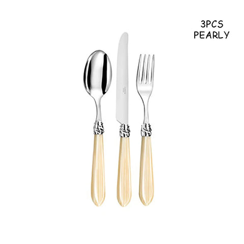 Stainless Steel Dinnerware Set with Luxurious Seashell Handle, Red and White Dinner Knife, Scoop and Fork