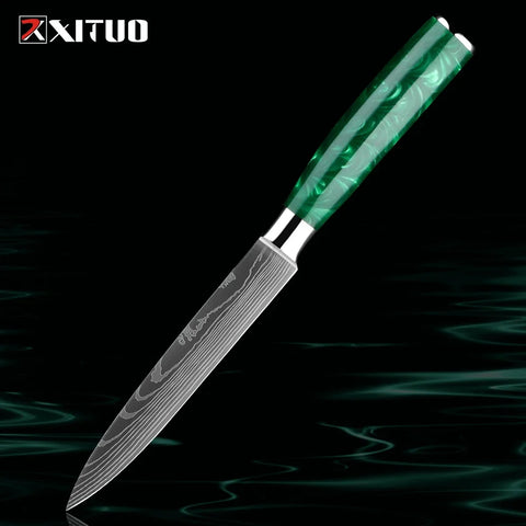 Pro Chef Knife Set 1-8PCS,7Cr17Mov Steel Kitchen Cooking Knives Utility Knife Super sharp Blade Ergonomic Green Resin Handle