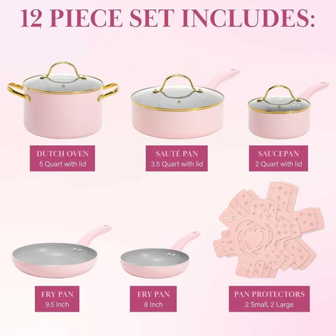 Paris Hilton Epic Nonstick Pots and Pans Set, Multi-layer Nonstick Coating, Tempered Glass Lids, Soft Touch, Stay Cool Handles