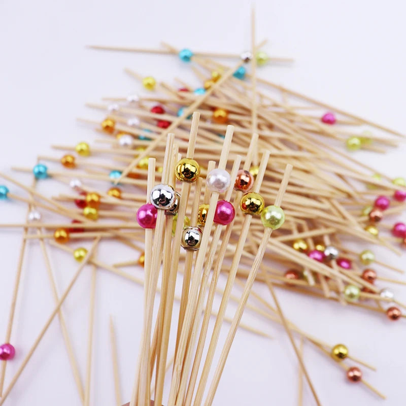 100pcs Pearl Bamboo Food Fruit Picks Fancy Cocktail Toothpicks For Birthday Wedding Valentine's Day Decoration Party Supplies