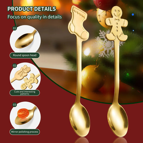 4pcs Stainless Steel Christmas Coffee Spoons Gold/Silver  With Gift Box  Gingerbread Man Dessert Spoons Cutlery Spoon Xmas Gift