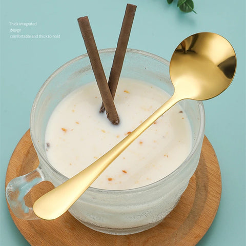 Golden Kids Spoon Soup Ladle Dessert Coffee Spoon Stainless Steel Round Head Teaspoons Kitchen Tableware Home Utensils