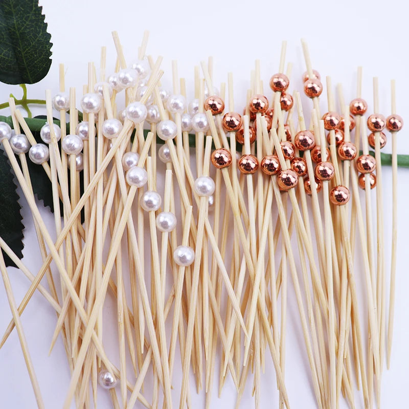 100pcs Pearl Bamboo Food Fruit Picks Fancy Cocktail Toothpicks For Birthday Wedding Valentine's Day Decoration Party Supplies
