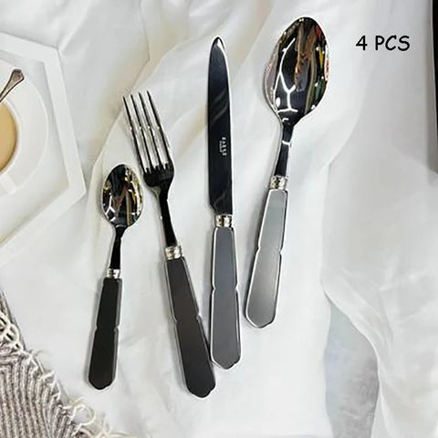 Stainless Steel Dinnerware Set with Luxurious Seashell Handle, Red and White Dinner Knife, Scoop and Fork