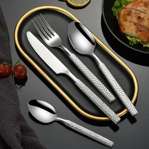 Thicken Stainless Steel Cutlery Set Western Hammered Pattern Spoon Fork Knife Dinnerware Set Tableware Utensils for Kitchen