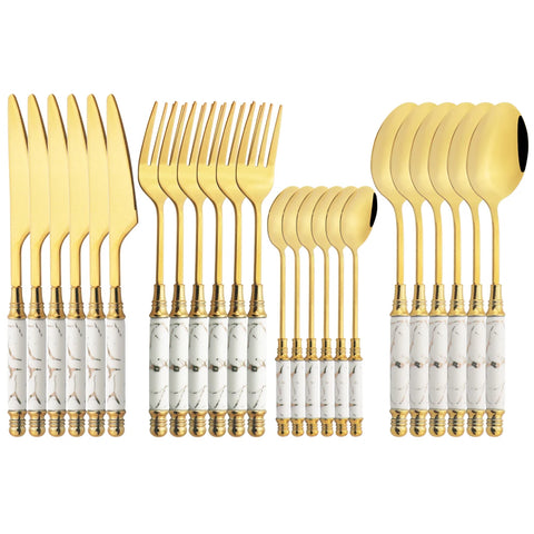 24Pcs Creative Imitation Ceramics Handle Dinnerware Set White Gold Cutlery Stainless Steel Tableware Knives Forks Spoon Flatware