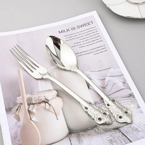 AJOYOUS Dinnerware Set Western Cutlery Stainless Steel Steak Knife Fork Spoon Luxury Silver Plated Tableware Vintage Flatware