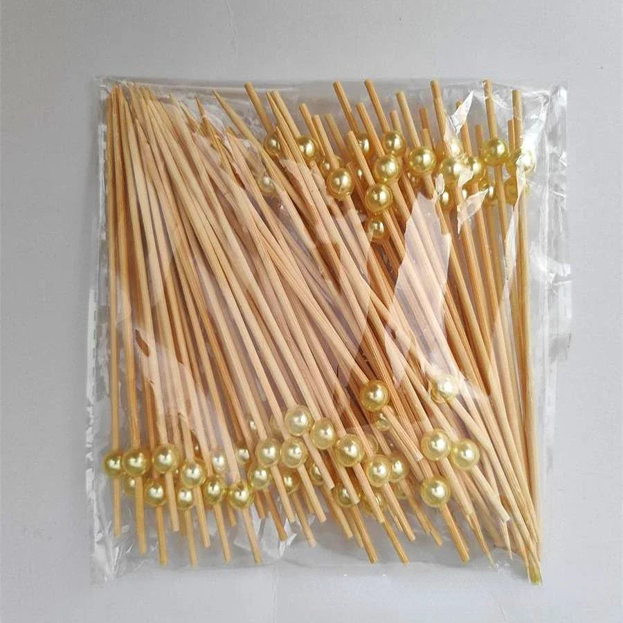 100Pcs Gold Beads Bamboo Fruit Sticks 12cm Fruit Salad Snack Fork Cocktail Decor Cake Buffet Toothpicks Wedding Party Supplies
