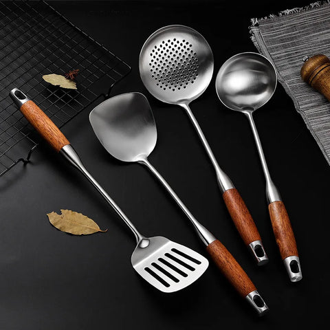 304 Stainless Steel Wood Handle Wide Fried Fish Spatulas Steak Shovel Fish Turner Slotted Beveled Kitchen Cooking Utensils