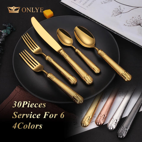 30 Piece Silverware Set Service for 6 Black Gold Premium Stainless Steel Flatware Luxury Golden Mirror Polished Cutlery 30 pcs