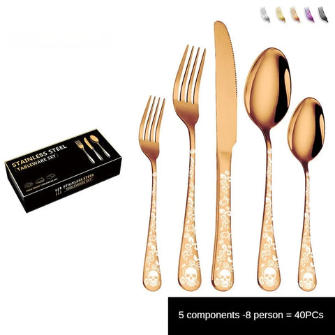 Stainless steel knife, fork and spoon set tableware Skull Western food gift box with 5 components for 4 people /8 people