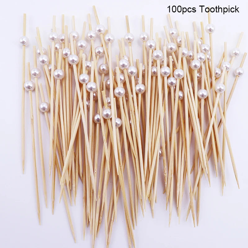 100pcs Pearl Bamboo Food Fruit Picks Fancy Cocktail Toothpicks For Birthday Wedding Valentine's Day Decoration Party Supplies
