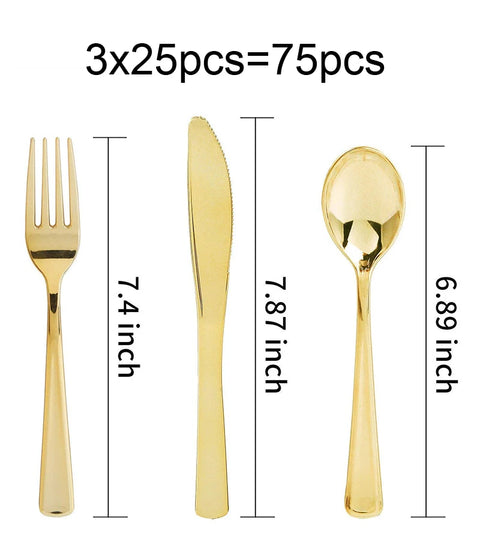 75 Pieces Gold Plastic Silverware- Disposable Flatware Set-Heavyweight Plastic Cutlery- Includes 25 Forks, 25 Spoons, 25 Knives