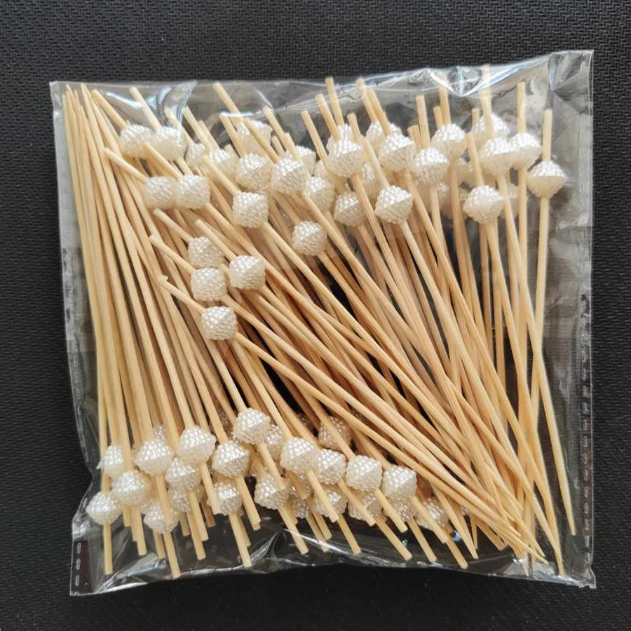 100Pcs Gold Beads Bamboo Fruit Sticks 12cm Fruit Salad Snack Fork Cocktail Decor Cake Buffet Toothpicks Wedding Party Supplies