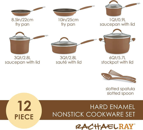 Rachael Ray Cucina Nonstick Cookware Pots and Pans Set, 12 Piece, Mushroom Brown