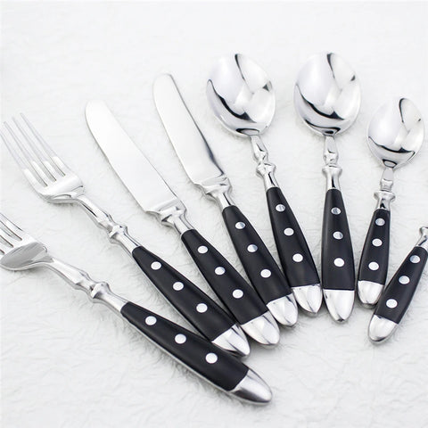 Hotel Stainless Steel Table Knife Fork Spoon Sets Teaspoon Teafork Steak Knife Cutlery Restaurant Serviing Set Black Wood Handle