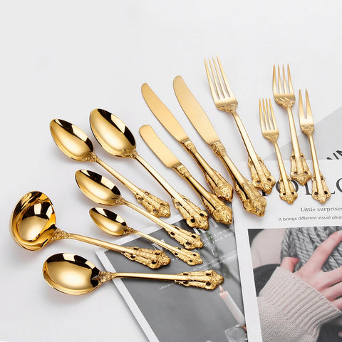 Stainless Steel Silver Flatware Set, Vintage Cutlery, Hollow Handle, Silverware for Wedding, Baroque, 18/10, Glossy Gold