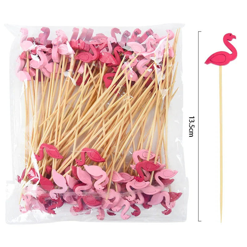 100pcs Disposable Bamboo Food Fruit Toothpick Cute Bear Flamingo Buffet Cake Dessert Fork Stick for Wedding Birthday Party Decor