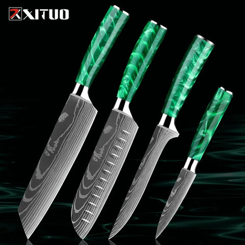 Pro Chef Knife Set 1-8PCS,7Cr17Mov Steel Kitchen Cooking Knives Utility Knife Super sharp Blade Ergonomic Green Resin Handle