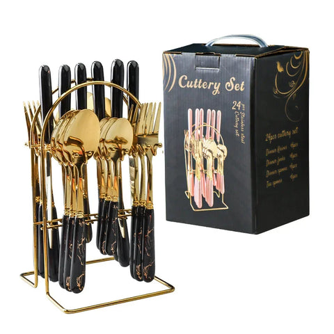 Stainless Steel Western Food Knife, Fork, Spoon, Gift Box, Hanger Set, Ceramic Tableware, New, 24 Pcs