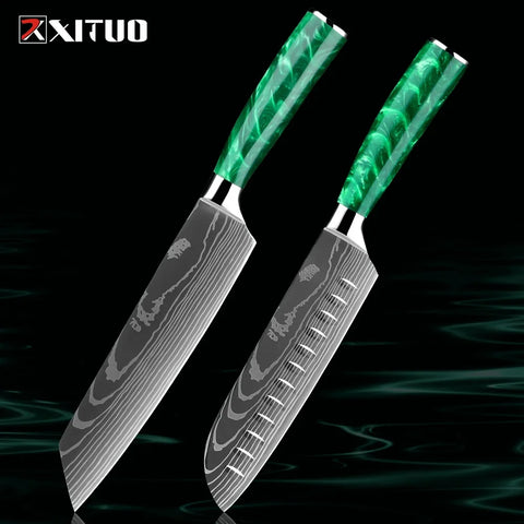 Pro Chef Knife Set 1-8PCS,7Cr17Mov Steel Kitchen Cooking Knives Utility Knife Super sharp Blade Ergonomic Green Resin Handle