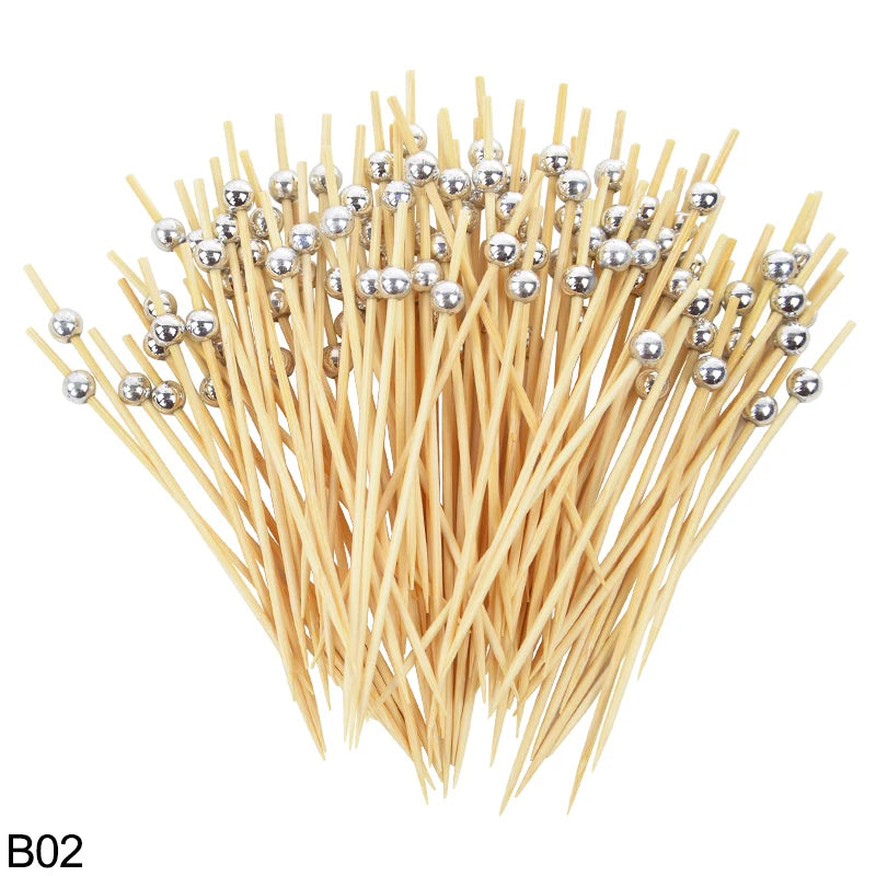 100Pcs Pearl Disposable Bamboo Skewers Wooden Cocktail Picks Fruit Picks Snack Fork Skewer Wedding Birthday Party Supplies