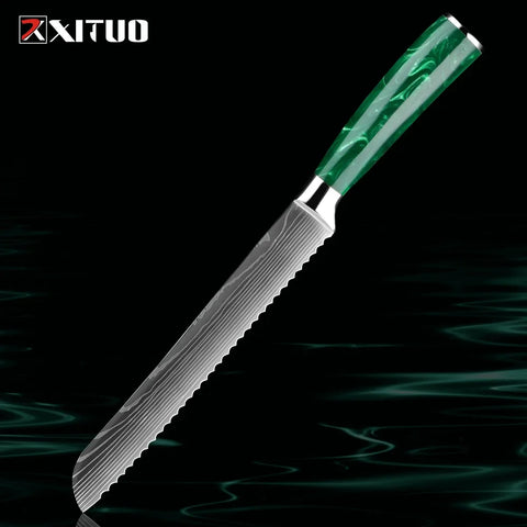 Pro Chef Knife Set 1-8PCS,7Cr17Mov Steel Kitchen Cooking Knives Utility Knife Super sharp Blade Ergonomic Green Resin Handle