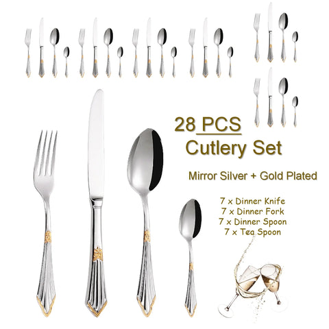 4/8/12/16/20/24/28 PCS Luxury Gold Plated Flatware Set Dishwasher Safe Cutlery Antique Silverware With Hollow Handle Table Knife