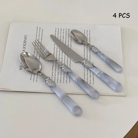 Stainless Steel Flatware Set, Knife, Fork, Spoon, Marble Plastic Handle, Household Light, Luxury Dessert Scoop, Steak Sword