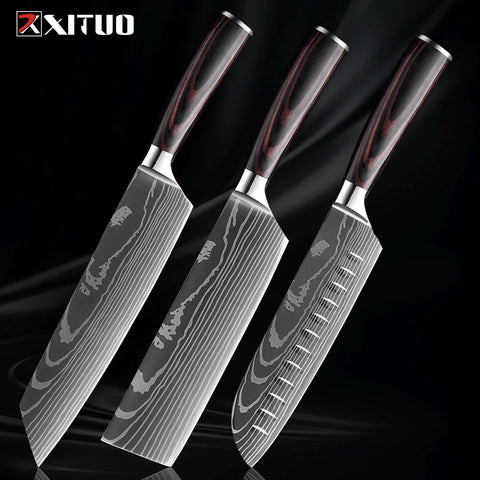 Professional Kitchen Knife Set 1-9PCS, Sharp Chef Knife Santoku Knife Fruit knife 7Cr17Mov Stainless Steel Ergonomic Wood Handle