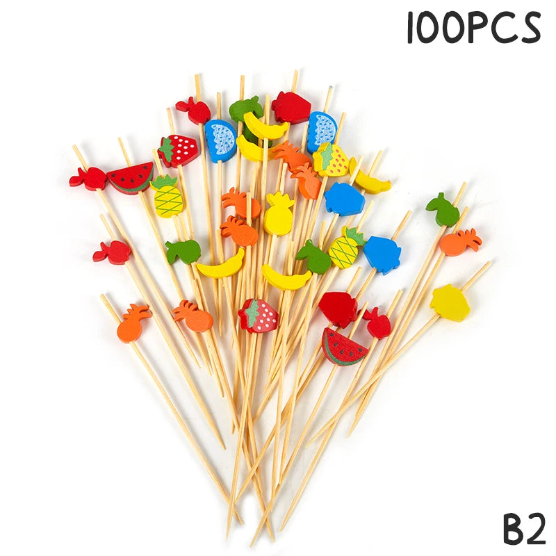 50/100Pcs Disposable Bamboo Skewers Food Cocktail Picks Buffet Fruit Cupcake Fork Sticks Party Table Decoration Supplies