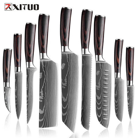 Professional Kitchen Knife Set 1-9PCS, Sharp Chef Knife Santoku Knife Fruit knife 7Cr17Mov Stainless Steel Ergonomic Wood Handle