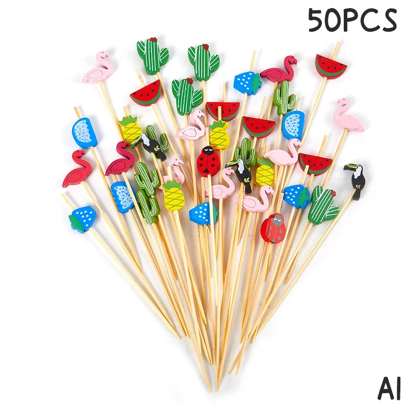 50/100Pcs Disposable Bamboo Skewers Food Cocktail Picks Buffet Fruit Cupcake Fork Sticks Party Table Decoration Supplies